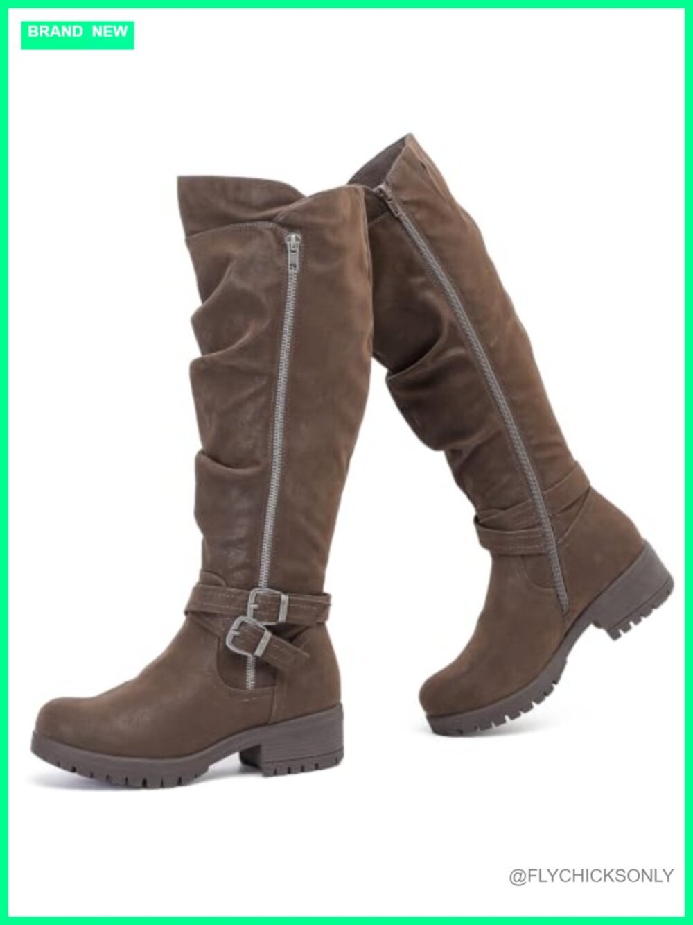 Faux Leather Knee High Boots Round Toe Side Zip Flat Slouchy Women's